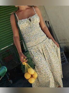 Free People Lavender Daze Midi Dress Green Yellow Floral Smocked Sleeveless M